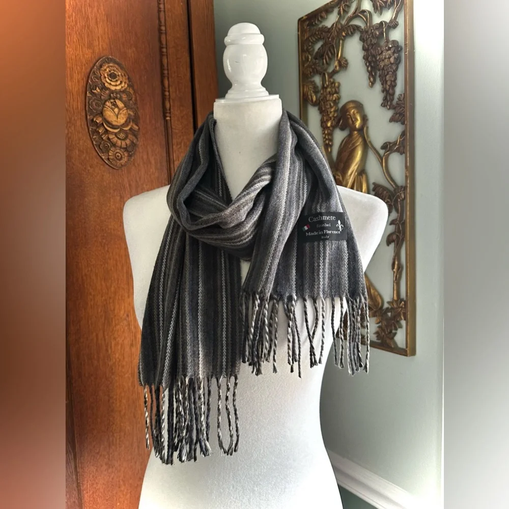 Cashmere Finished Made in Florence Italy Gray Striped Scarf
